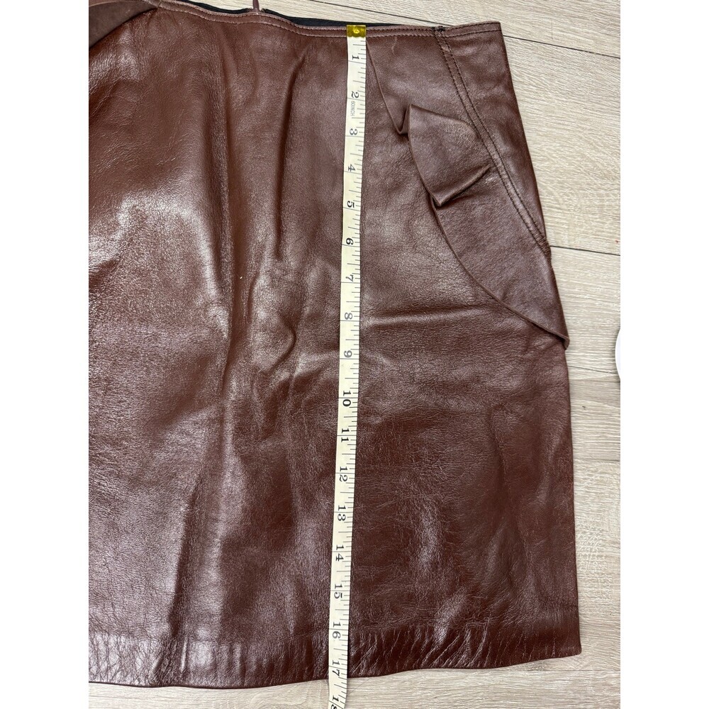 Brown Leather Mini Skirt High Waist Side Pockets Lined Size 1 - Picture 12 of 14